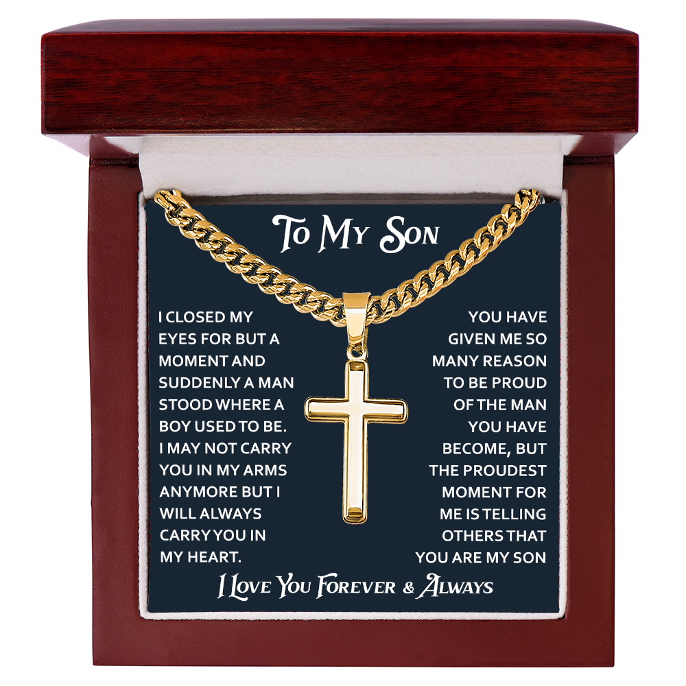 To My Son Artisan Cross with Cuban Link Chain - Birthday Gift from Dad Father Heartfelt Jewelry Gifts