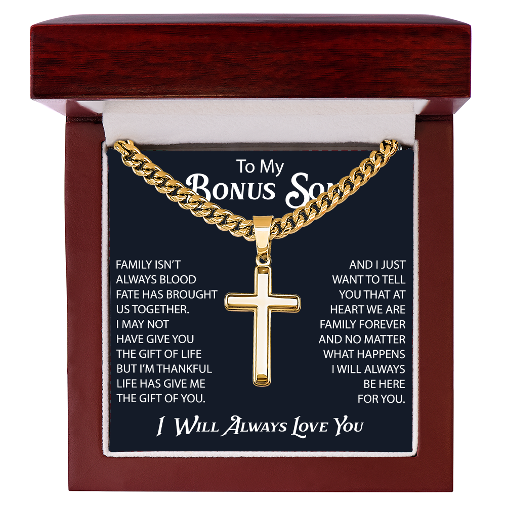 Gift For Bonus Son Cuban Chain with Artisan Cross Necklace From Mom Dad, Bonus Son Necklaces Gift