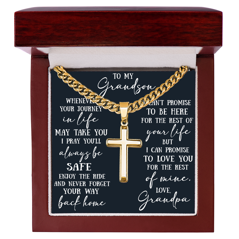To My Grandson Artisan Cross with Cuban Link Chain - Christian Faith Gift From Grandpa Inspirational Jewelry