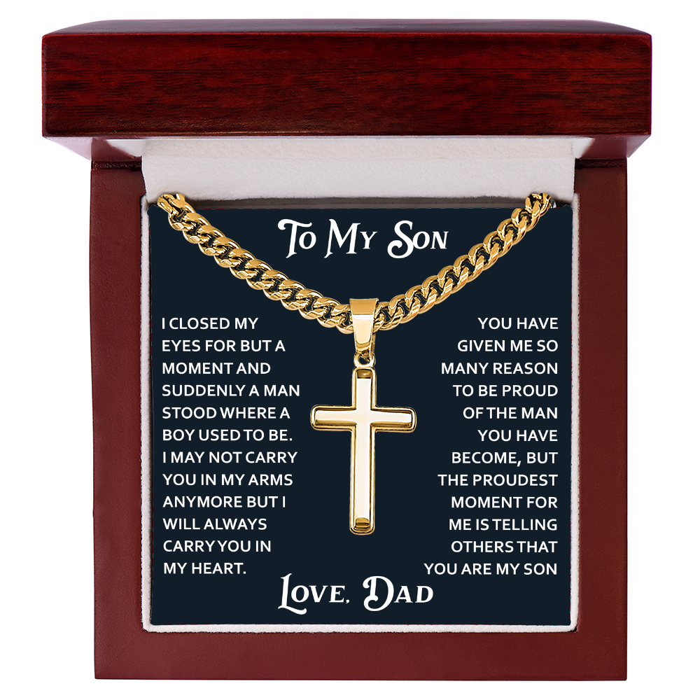 To My Son Artisan Cross with Cuban Link Chain for Birthday Back to School Christmas Gift from Dad Father Heartfelt Jewelry Present