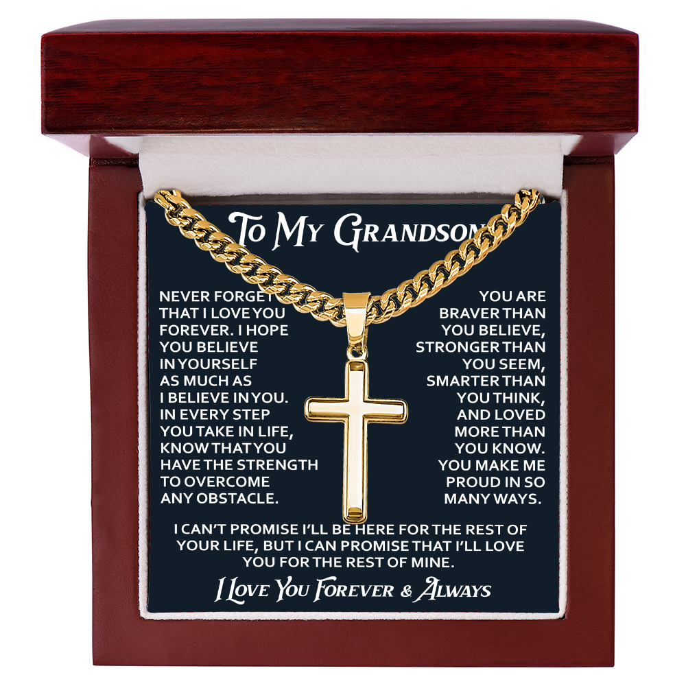 To My Grandson Artisan Cross with Cuban Link Chain - Christian Faith Gifts From Grandpa Inspirational Jewelry