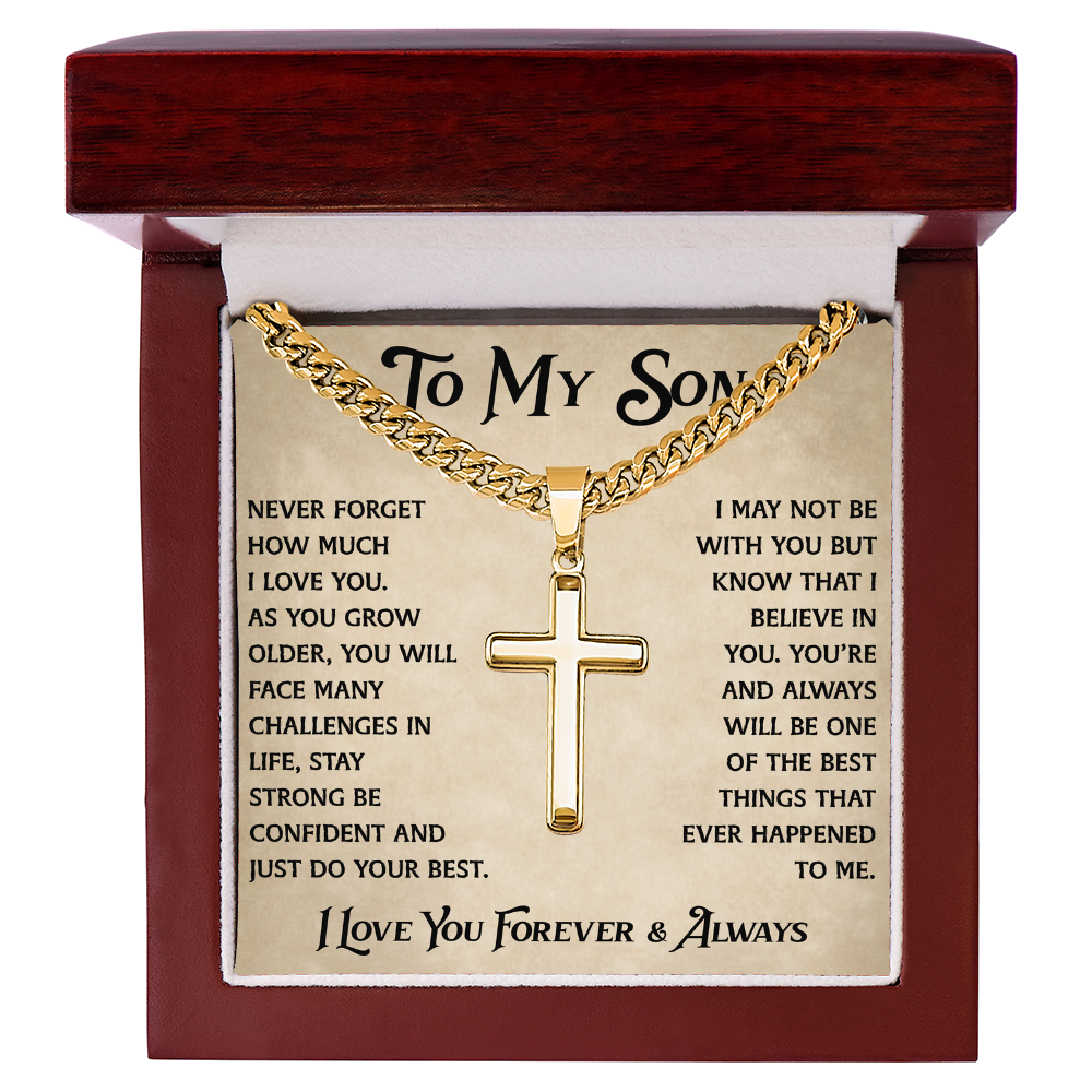 To My Son Artisan Cross with Cuban Link Chain - Heartfelt Jewelry Gifts from Dad Father for Birthday Back to School or Special Occasion