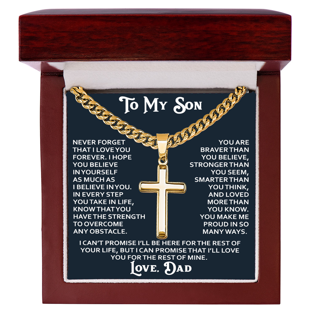 To My Son Artisan Cross with Cuban Link Chain - Birthday Gift from Dad Father Heartfelt Jewelry