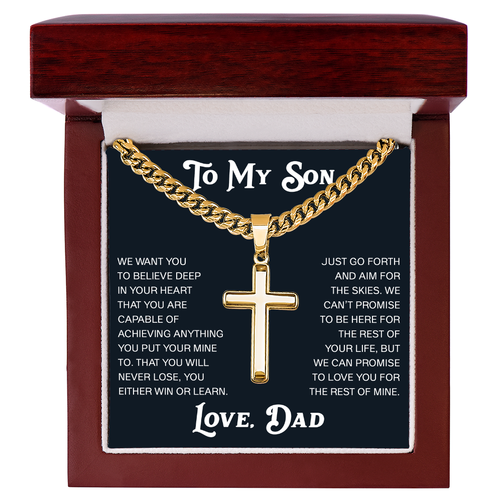 To My Son Artisan Cross with Cuban Link Chain Gift from Dad Father -  Unique Present for Graduation, Birthday, Christmas or any Special Occasion