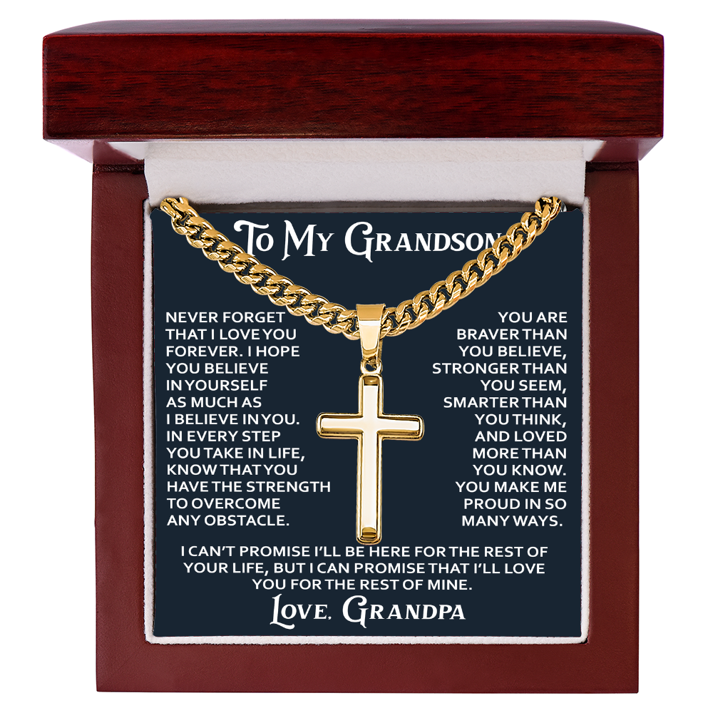 To My Grandson Artisan Cross with Cuban Link Chain - Christian Faith Gift From Grandpa Inspirational Jewelry