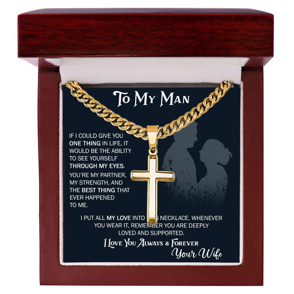 To My Husband Artisan Cross with Cuban Link Chain From Wife – Valentines Day Gifts for Her with Heartfelt Message Card, Premium Gold-Plated Wife Jewelry in Elegant Box