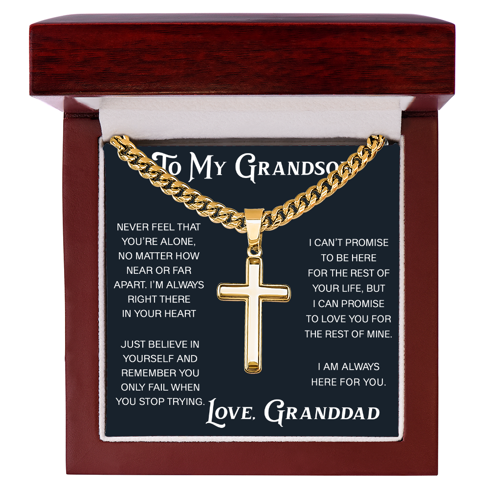 To My Grandson Artisan Cross with Cuban Link Chain - Christian Faith Gift From Granddad Inspirational Jewelry