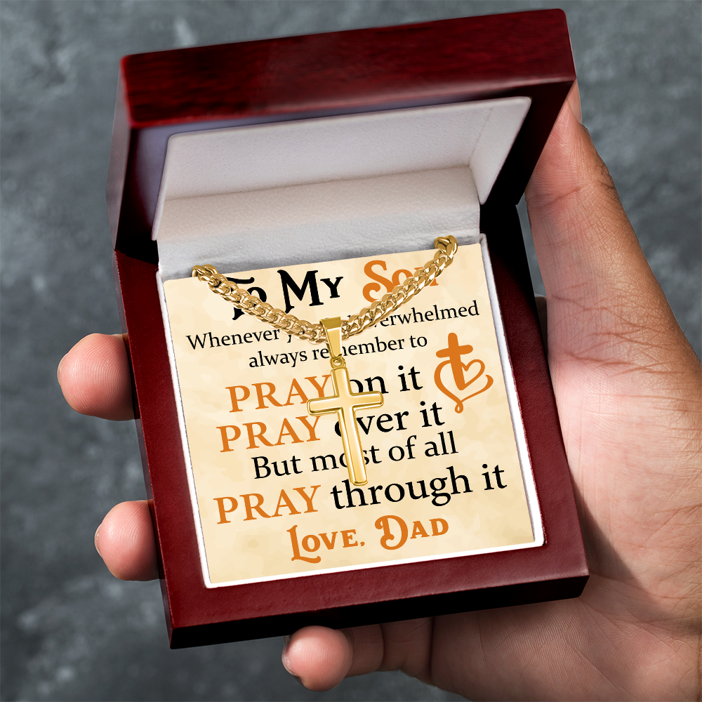 Product Image To My Son Bracelet from Dad, Pray on It, Pray Over It, But Most of All Pray Through It, Artisan Cross with Cuban Link Chain