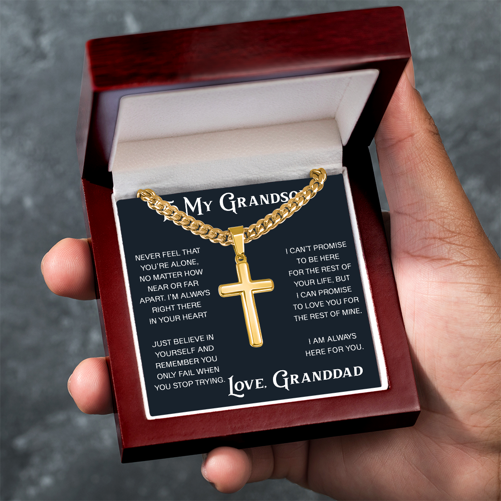 To My Grandson Artisan Cross with Cuban Link Chain - Christian Faith Gift From Granddad Inspirational Jewelry