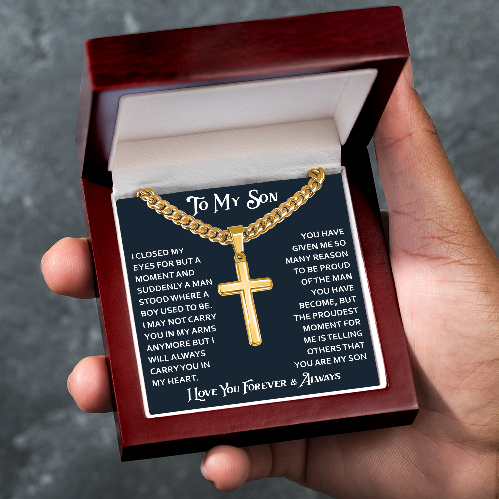 To My Son Artisan Cross with Cuban Link Chain - Birthday Gift from Dad Father Heartfelt Jewelry Gifts