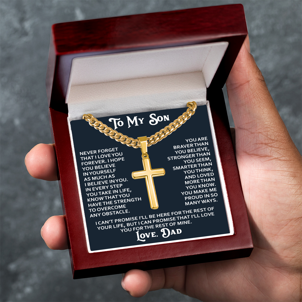 To My Son Artisan Cross with Cuban Link Chain - Birthday Gift from Dad Father Heartfelt Jewelry