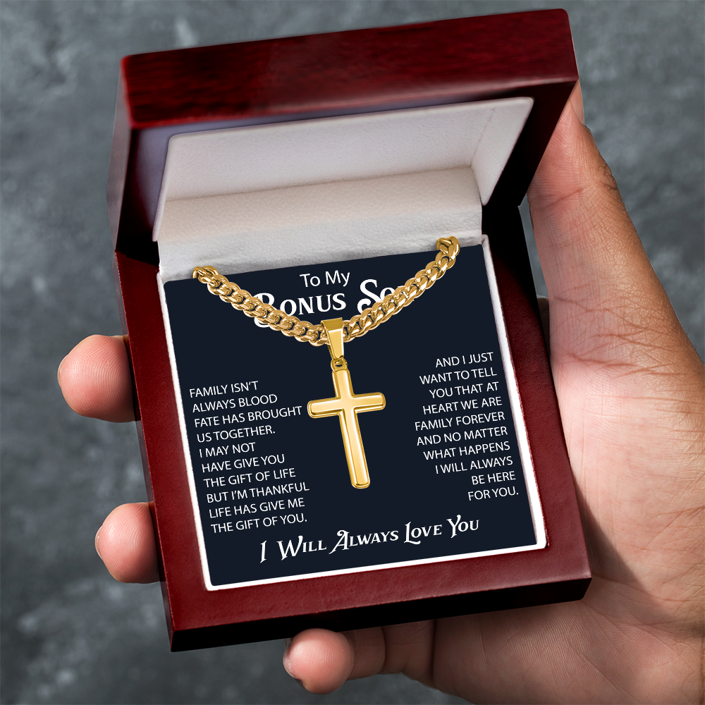 Gift For Bonus Son Cuban Chain with Artisan Cross Necklace From Mom Dad, Bonus Son Necklaces Gift