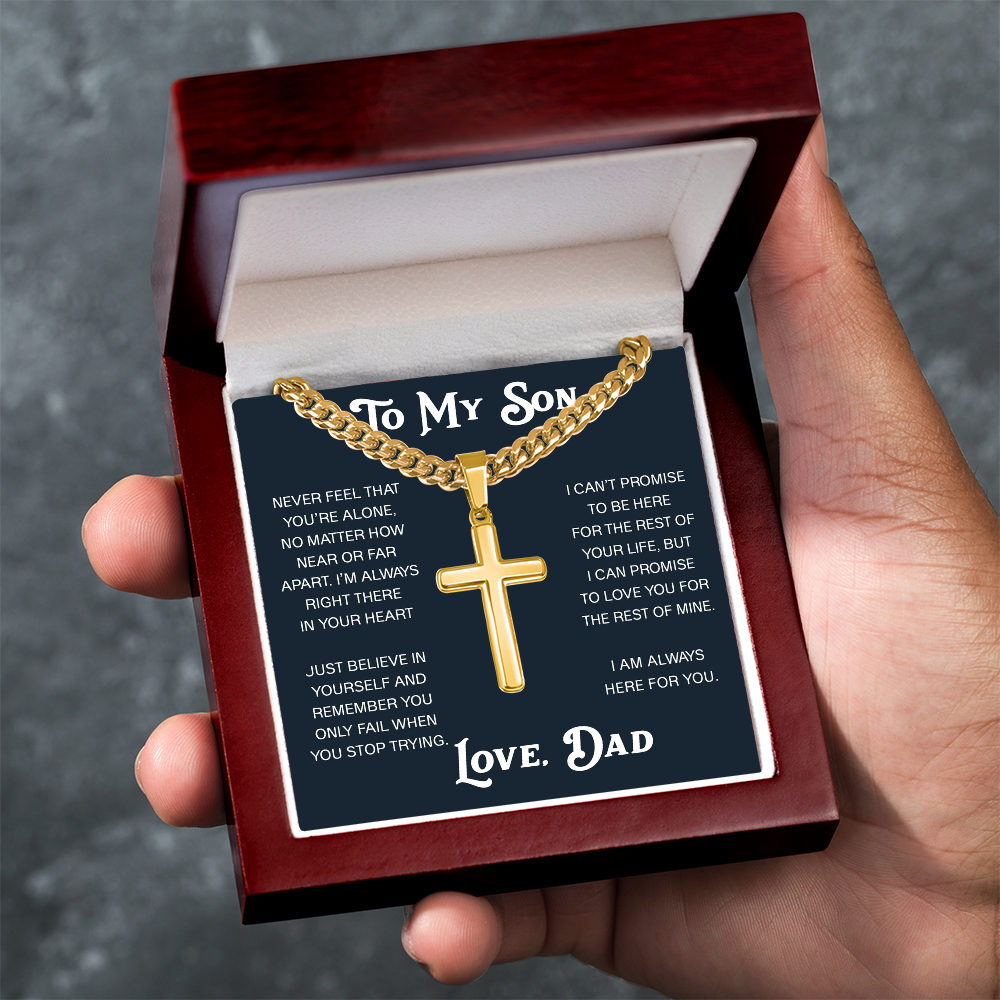 To My Son Artisan Cross with Cuban Link Chain - Christian Faith Gift From Dad Inspirational Jewelry