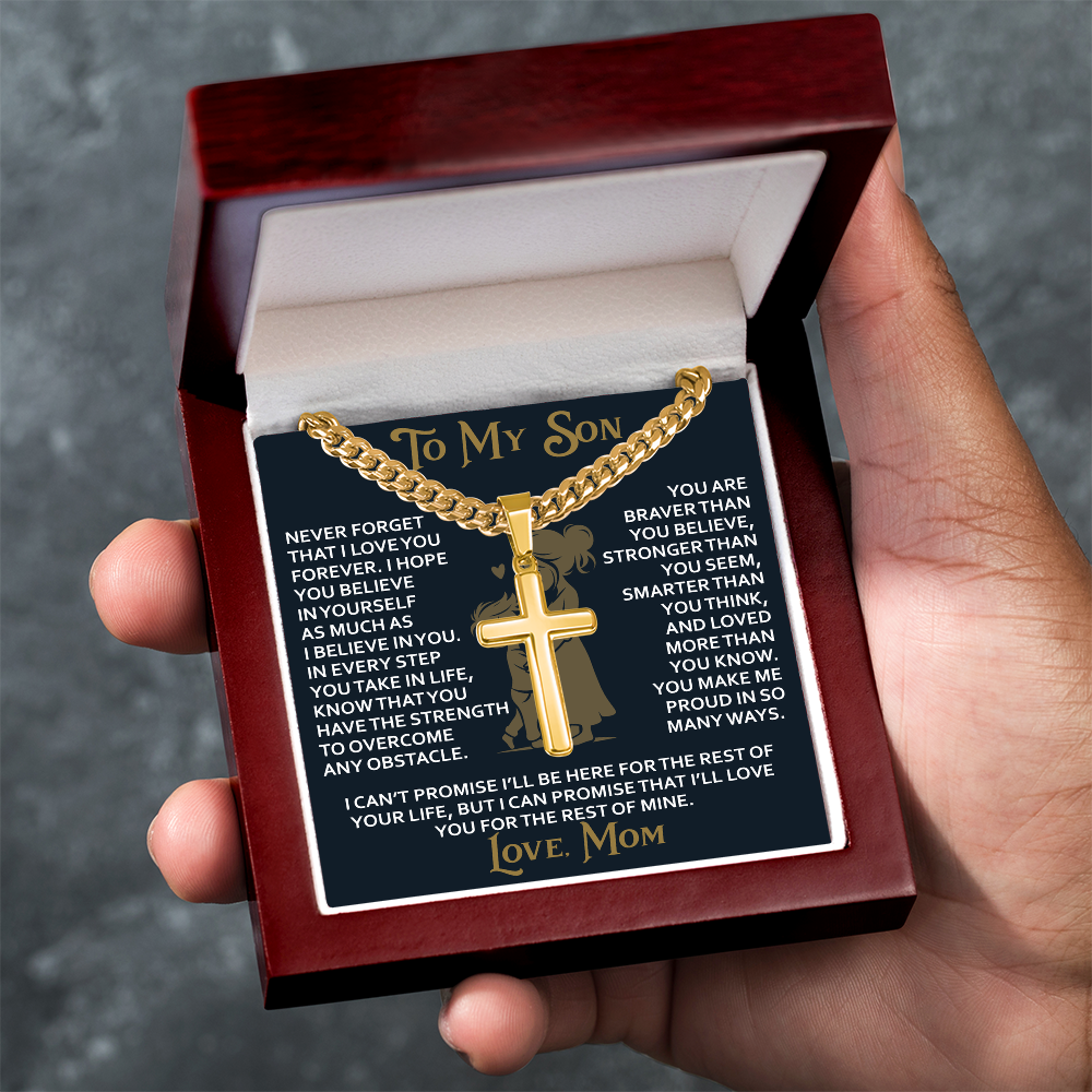 To My Daughter Gift From Mom Mama Mother - Artisan Cross with Cuban Link Chain for Birthday Christmas Back to School or Special Occasion