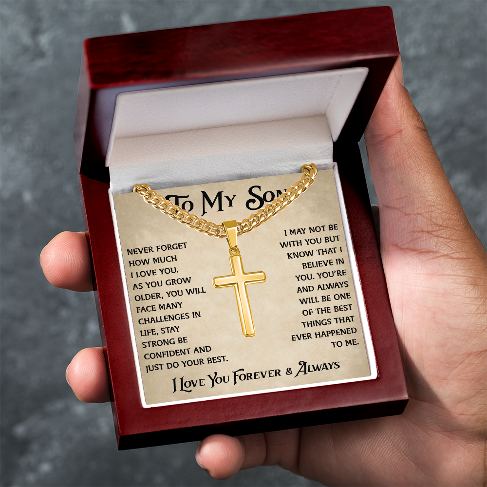 To My Son Artisan Cross with Cuban Link Chain - Heartfelt Jewelry Gifts from Dad Father for Birthday Back to School or Special Occasion
