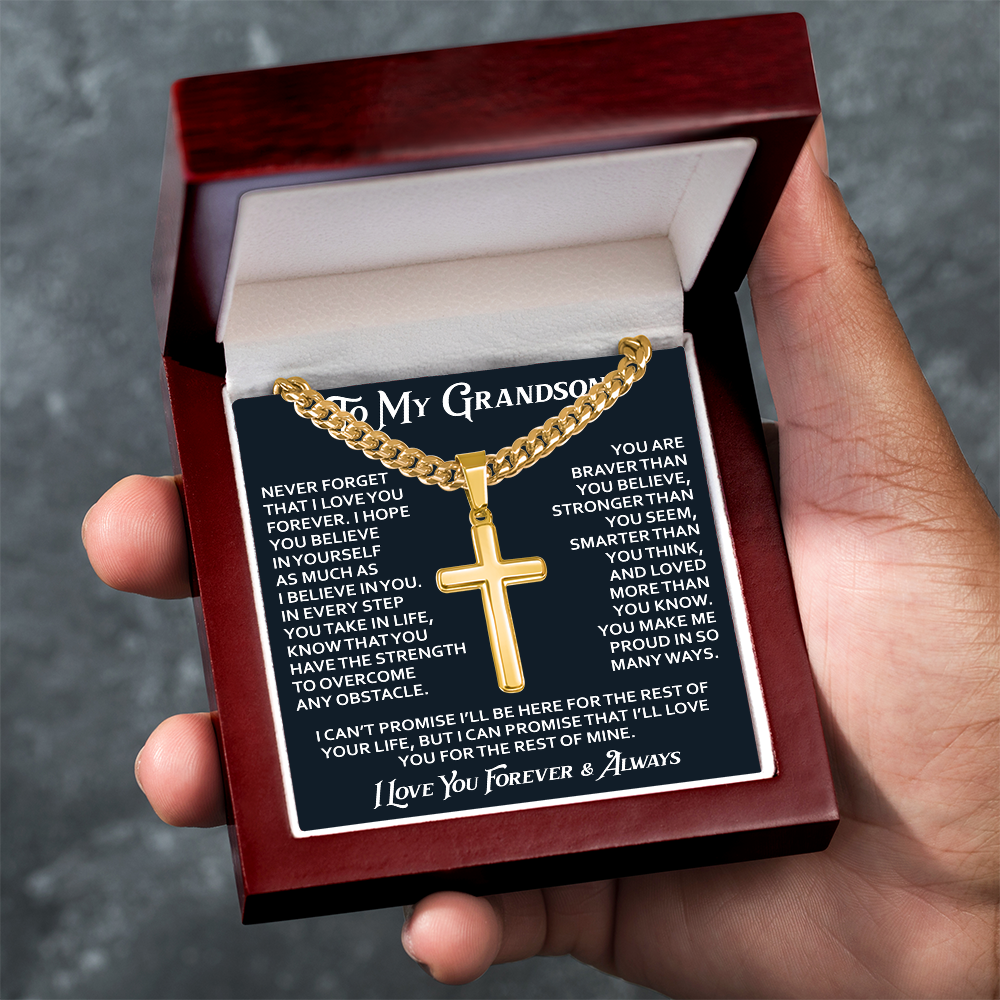 To My Grandson Artisan Cross with Cuban Link Chain - Christian Faith Gifts From Grandpa Inspirational Jewelry