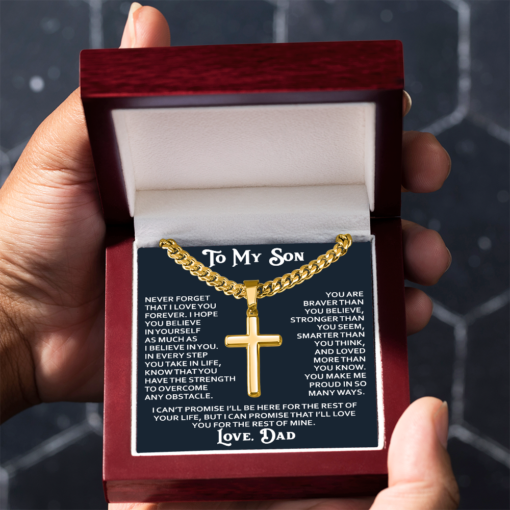 To My Son Artisan Cross with Cuban Link Chain - Birthday Gift from Dad Father Heartfelt Jewelry