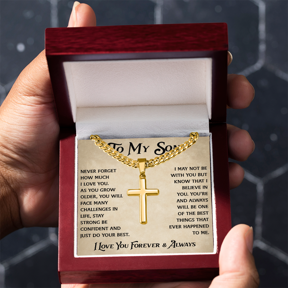 To My Son Artisan Cross with Cuban Link Chain - Heartfelt Jewelry Gifts from Dad Father for Birthday Back to School or Special Occasion (136732205633)I