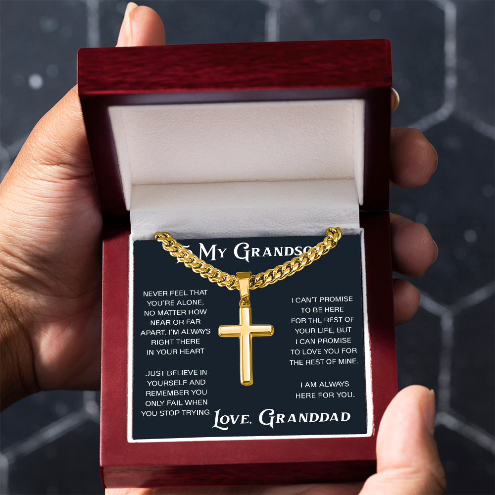 To My Grandson Artisan Cross with Cuban Link Chain - Christian Faith Gift From Granddad Inspirational Jewelry