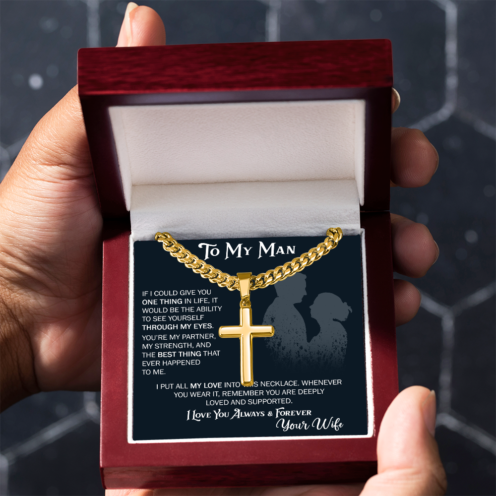 To My Husband Artisan Cross with Cuban Link Chain From Wife – Valentines Day Gifts for Her with Heartfelt Message Card, Premium Gold-Plated Wife Jewelry in Elegant Box