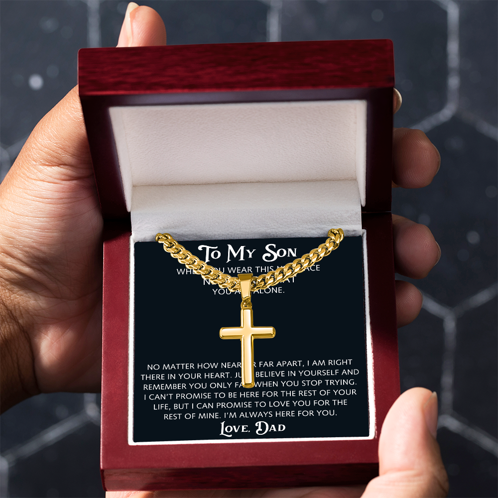 To My Son Artisan Cross with Cuban Link Chain from Dad Father, Christian Faith Religious Gift For Birthday, X-mas or Special Occasion