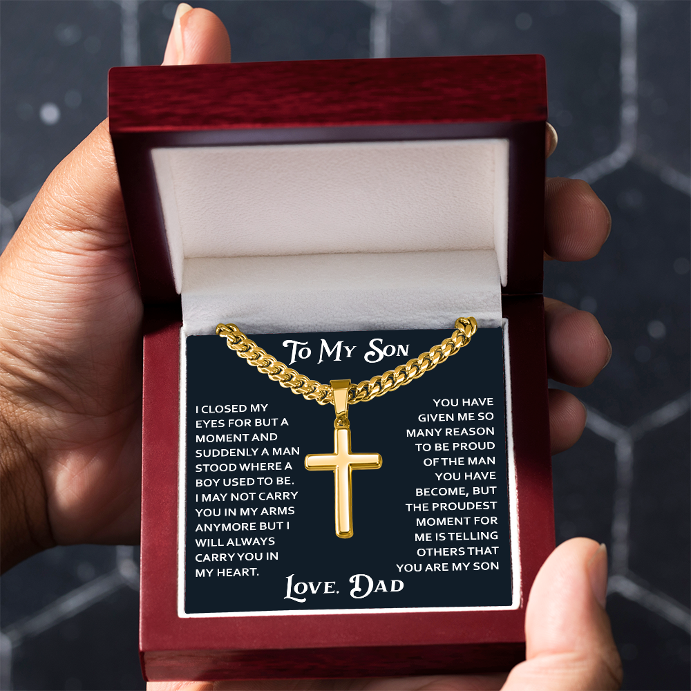 To My Son Artisan Cross with Cuban Link Chain for Birthday Back to School Christmas Gift from Dad Father Heartfelt Jewelry Present