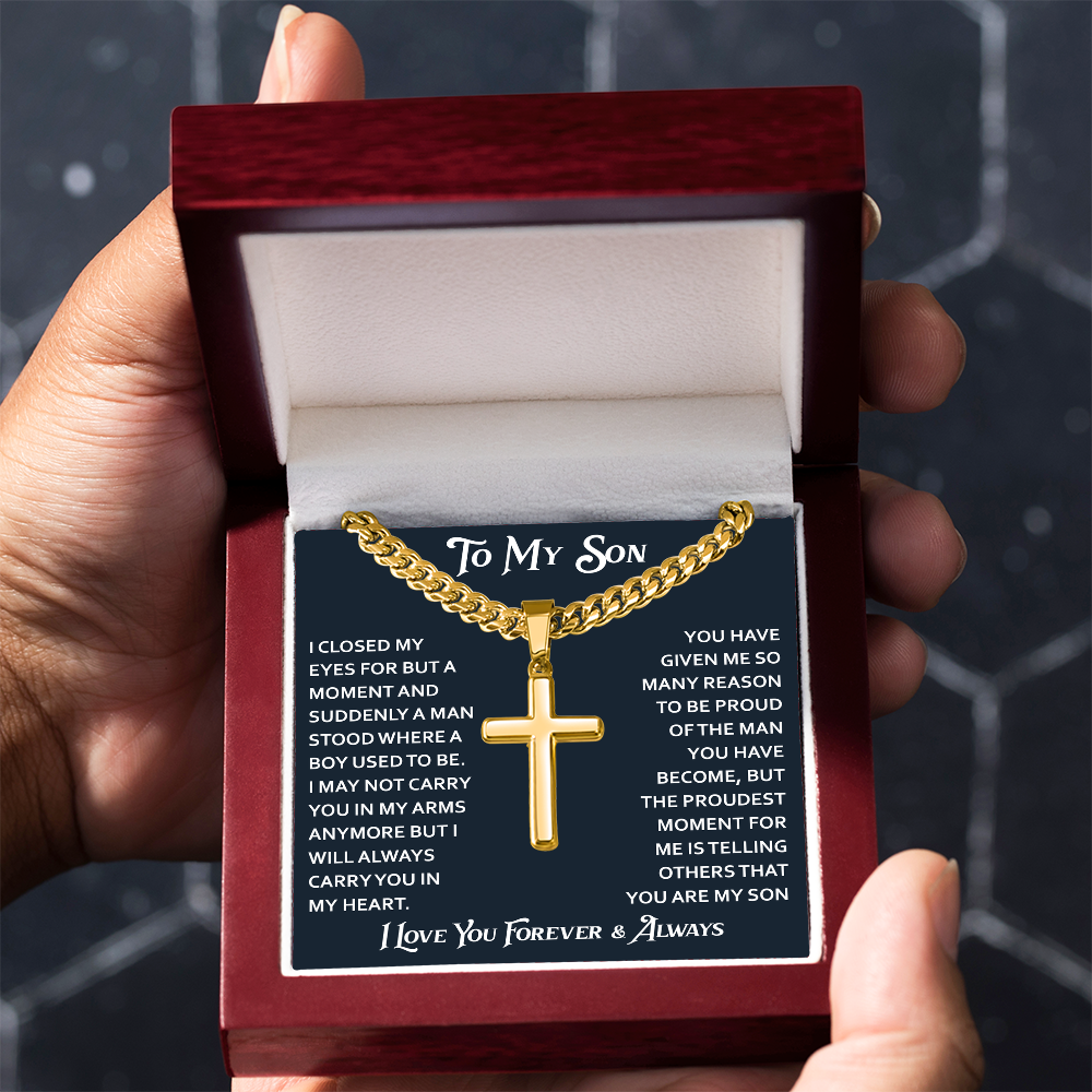To My Son Artisan Cross with Cuban Link Chain - Birthday Gift from Dad Father Heartfelt Jewelry Gifts