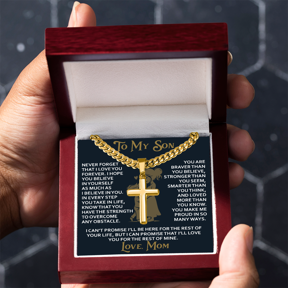 To My Daughter Gift From Mom Mama Mother - Artisan Cross with Cuban Link Chain for Birthday Christmas Back to School or Special Occasion