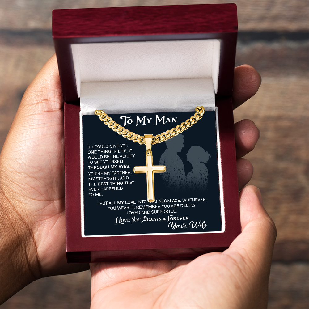 To My Husband Artisan Cross with Cuban Link Chain From Wife – Valentines Day Gifts for Her with Heartfelt Message Card, Premium Gold-Plated Wife Jewelry in Elegant Box