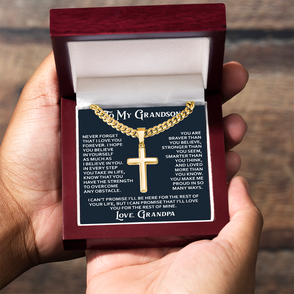 To My Grandson Artisan Cross with Cuban Link Chain - Christian Faith Gift From Grandpa Inspirational Jewelry