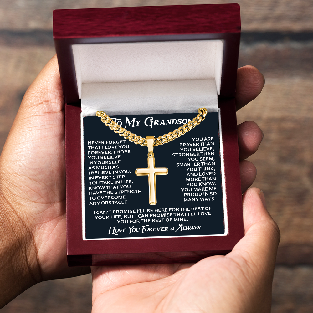 To My Grandson Artisan Cross with Cuban Link Chain - Christian Faith Gifts From Grandpa Inspirational Jewelry