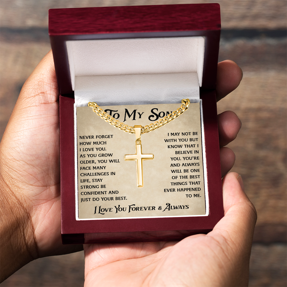 To My Son Artisan Cross with Cuban Link Chain - Heartfelt Jewelry Gifts from Dad Father for Birthday Back to School or Special Occasion