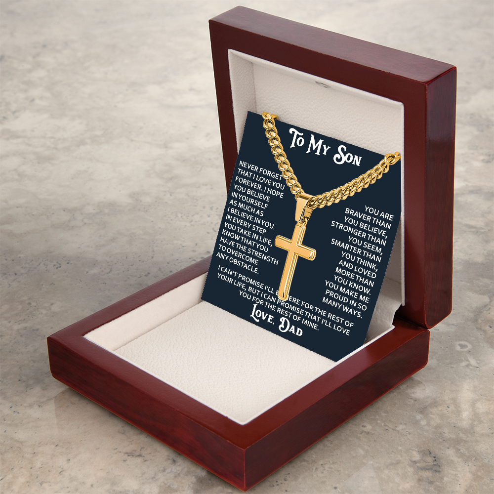 To My Son Artisan Cross with Cuban Link Chain - Birthday Gift from Dad Father Heartfelt Jewelry