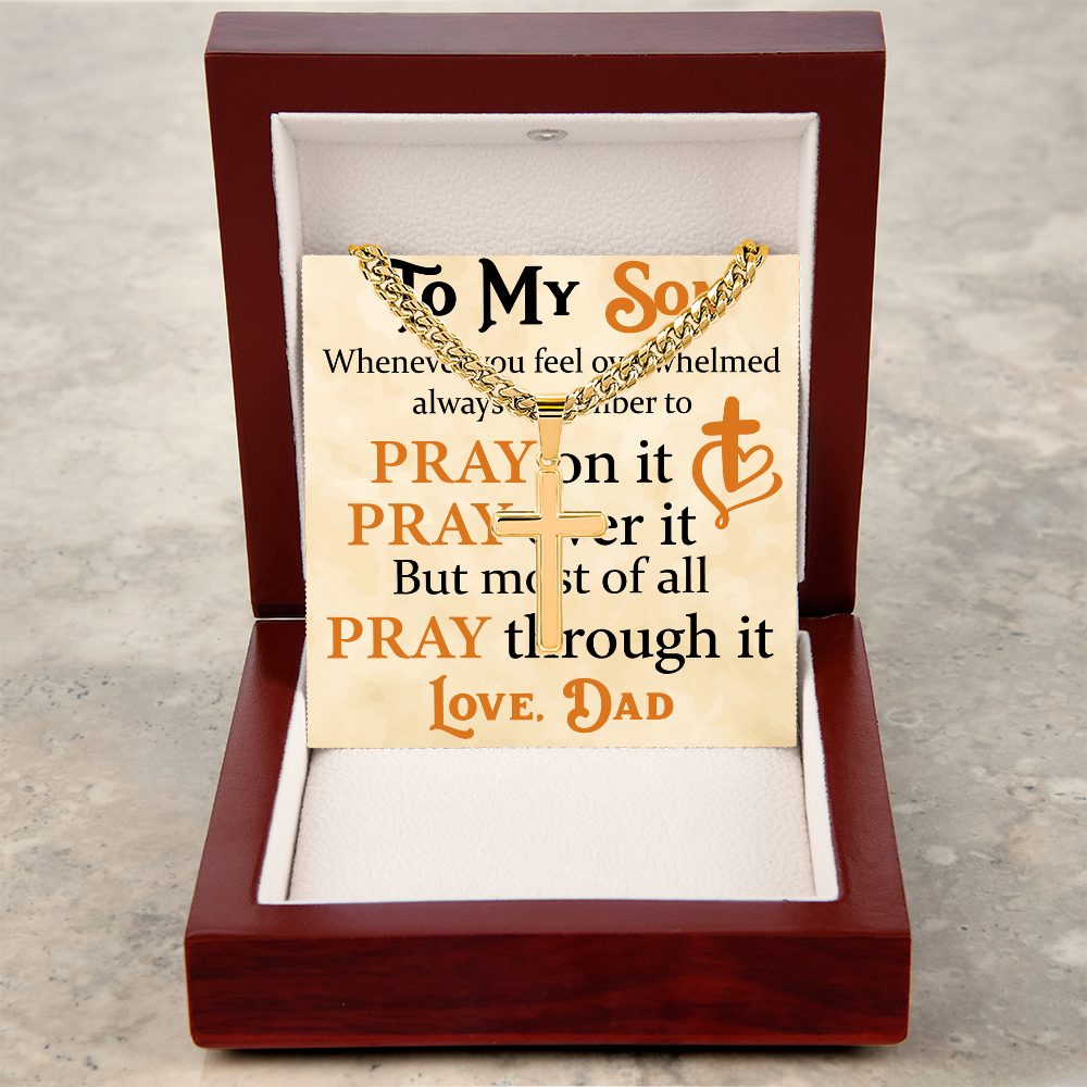 Product Image To My Son Bracelet from Dad, Pray on It, Pray Over It, But Most of All Pray Through It, Artisan Cross with Cuban Link Chain