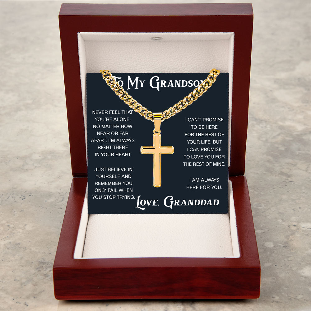 To My Grandson Artisan Cross with Cuban Link Chain - Christian Faith Gift From Granddad Inspirational Jewelry