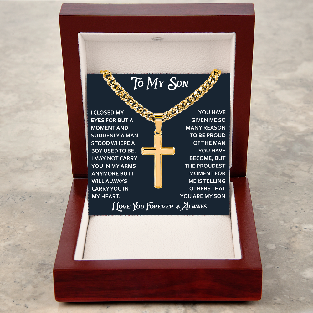 To My Son Artisan Cross with Cuban Link Chain - Birthday Gift from Dad Father Heartfelt Jewelry Gifts