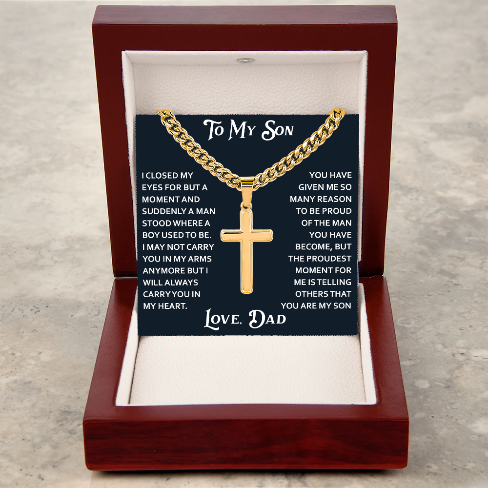 To My Son Artisan Cross with Cuban Link Chain for Birthday Back to School Christmas Gift from Dad Father Heartfelt Jewelry Present