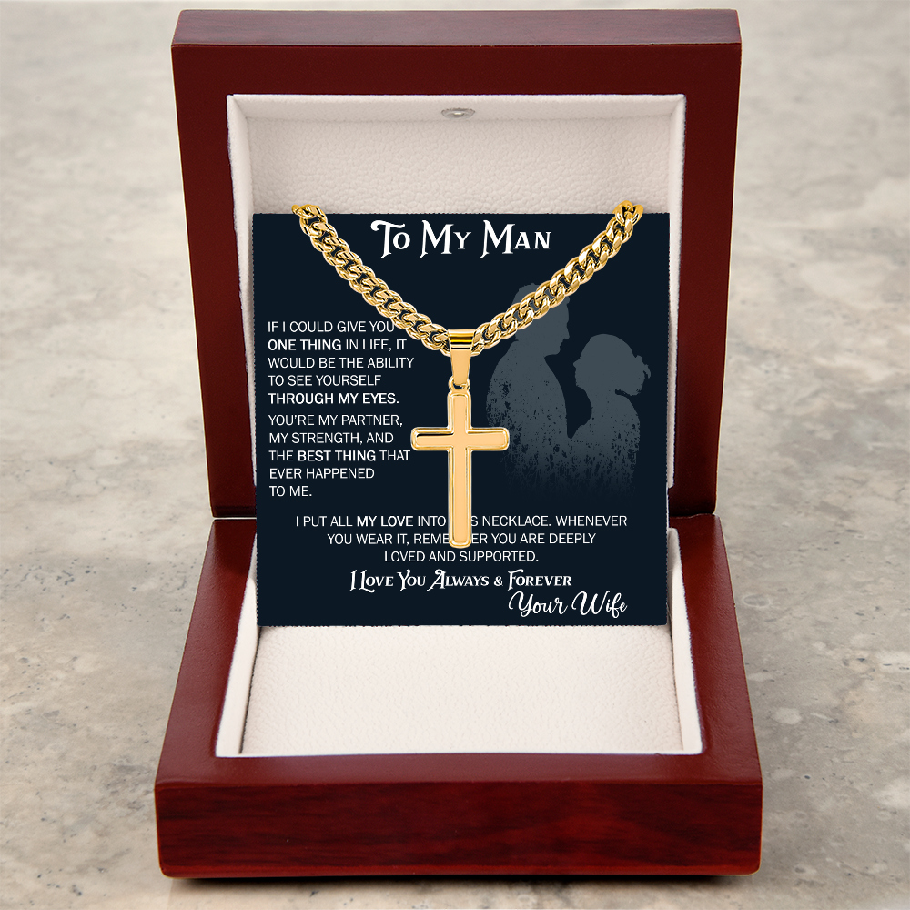 To My Husband Artisan Cross with Cuban Link Chain From Wife – Valentines Day Gifts for Her with Heartfelt Message Card, Premium Gold-Plated Wife Jewelry in Elegant Box
