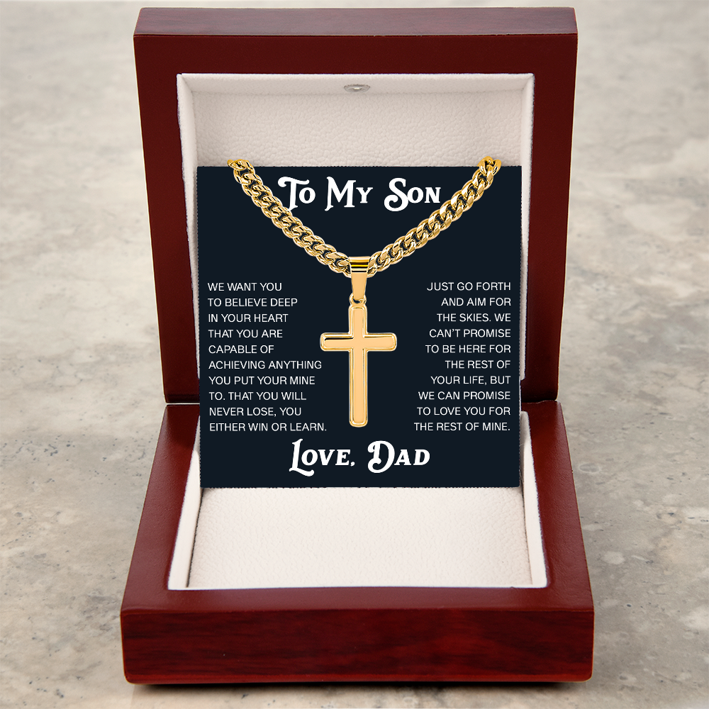 To My Son Artisan Cross with Cuban Link Chain Gift from Dad Father -  Unique Present for Graduation, Birthday, Christmas or any Special Occasion