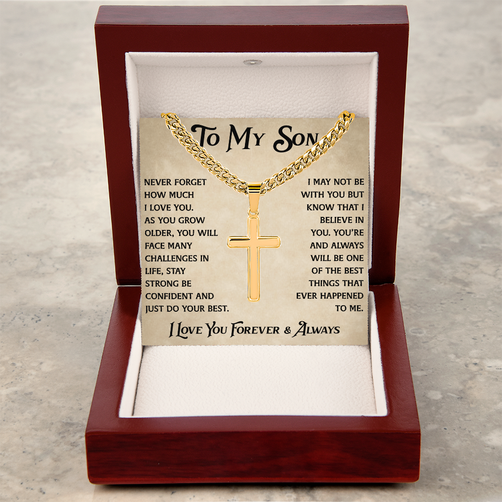 To My Son Artisan Cross with Cuban Link Chain - Heartfelt Jewelry Gifts from Dad Father for Birthday Back to School or Special Occasion