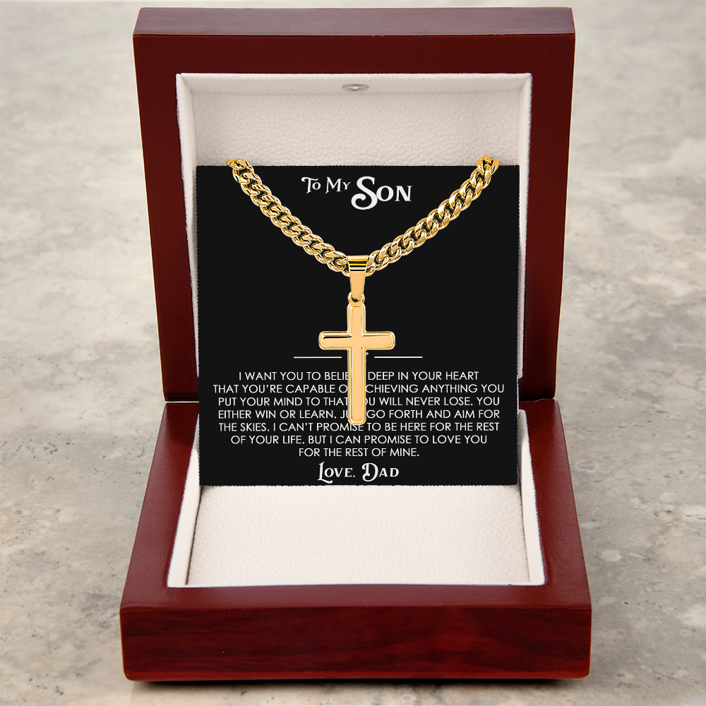 To My Son Gift From Dad - Artisan Cross with Cuban Link Chain For Children, Faith Gift for any Occasion