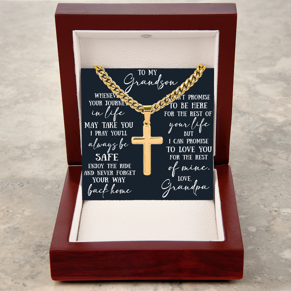 To My Grandson Artisan Cross with Cuban Link Chain - Christian Faith Gift From Grandpa Inspirational Jewelry
