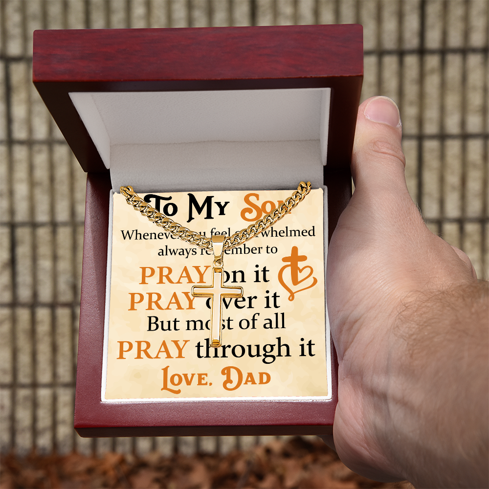 Product Image To My Son Bracelet from Dad, Pray on It, Pray Over It, But Most of All Pray Through It, Artisan Cross with Cuban Link Chain