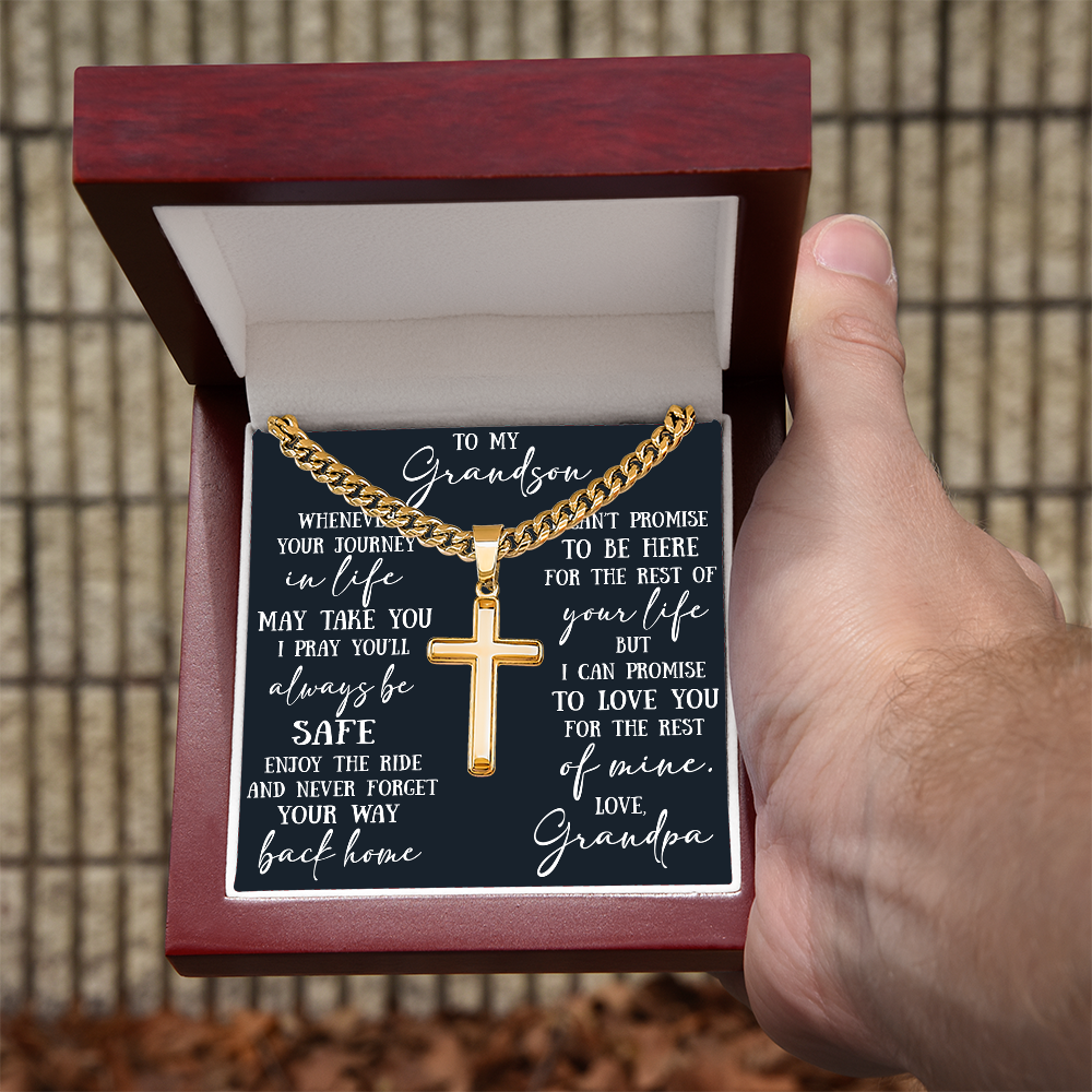 To My Grandson Artisan Cross with Cuban Link Chain - Christian Faith Gift From Grandpa Inspirational Jewelry