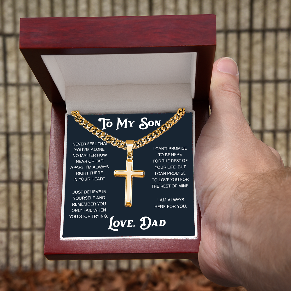 To My Son Artisan Cross with Cuban Link Chain - Christian Faith Gift From Dad Inspirational Jewelry