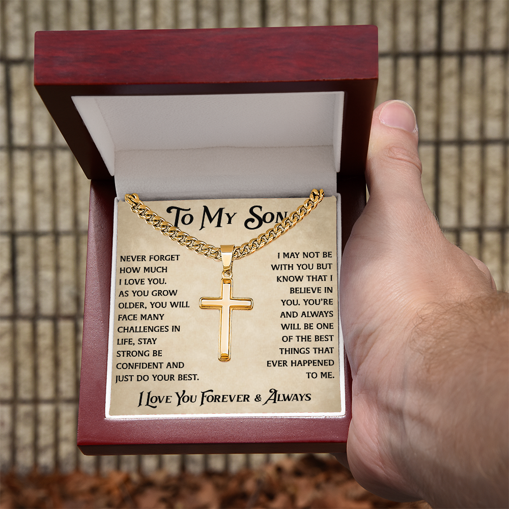 To My Son Artisan Cross with Cuban Link Chain - Heartfelt Jewelry Gifts from Dad Father for Birthday Back to School or Special Occasion