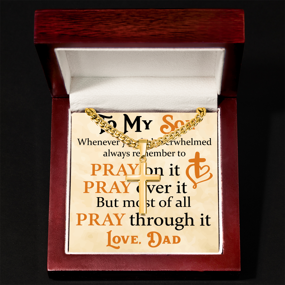 Product Image To My Son Bracelet from Dad, Pray on It, Pray Over It, But Most of All Pray Through It, Artisan Cross with Cuban Link Chain