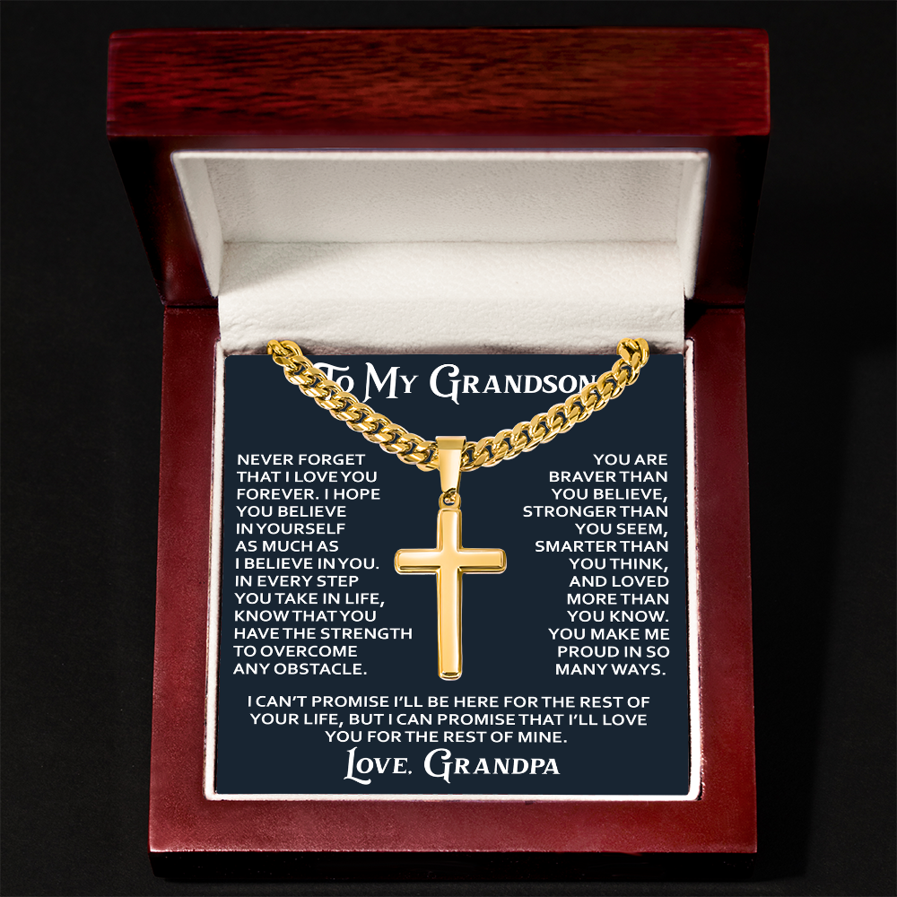 To My Grandson Artisan Cross with Cuban Link Chain - Christian Faith Gift From Grandpa Inspirational Jewelry