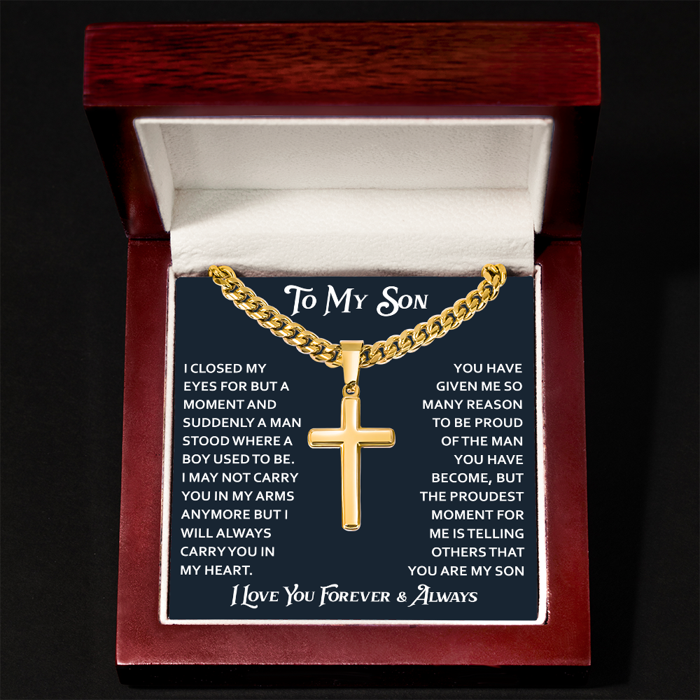 To My Son Artisan Cross with Cuban Link Chain - Birthday Gift from Dad Father Heartfelt Jewelry Gifts