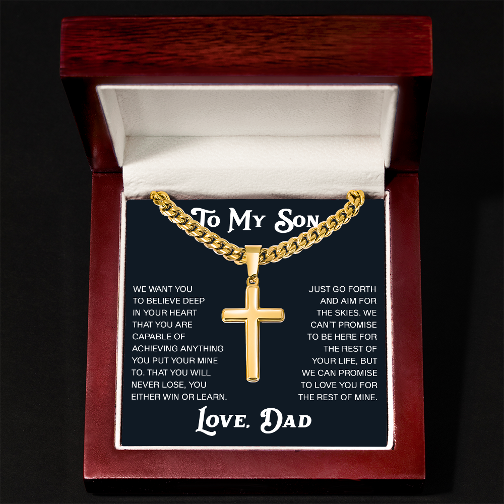 To My Son Artisan Cross with Cuban Link Chain Gift from Dad Father -  Unique Present for Graduation, Birthday, Christmas or any Special Occasion